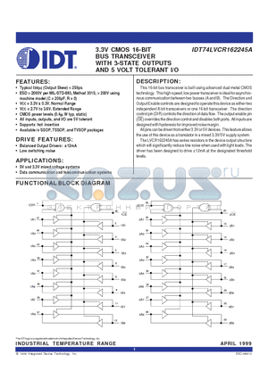 IDT74LVCR162245A datasheet - 3.3V CMOS 16-BIT BUS TRANSCEIVER WITH 3-STATE OUTPUTS AND 5 VOLT TOLERANT I/O