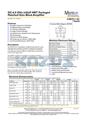 PB-CGB7011-SC-0000 datasheet - DC-6.0 GHz InGaP HBT Packaged Matched Gain Block Amplifier