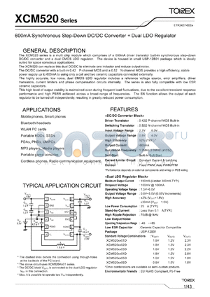 XCM520AE03DR-G datasheet - 600mA Synchronous Step-Down DC/DC Converter  Dual LDO Regulator