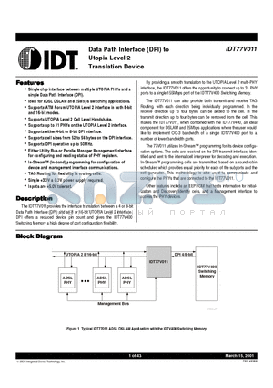IDT77V011 datasheet - Data Path Interface to Utopia Level 2 Translation Device