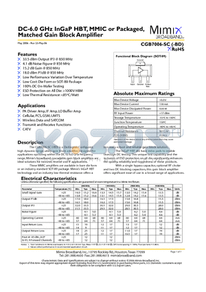PB-CGB7006-SC-0000 datasheet - DC-6.0 GHz InGaP HBT, MMIC or Packaged, Matched Gain Block Amplifier