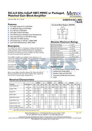 PB-CGB7010-SC-0000 datasheet - DC-6.0 GHz InGaP HBT, MMIC or Packaged, Matched Gain Block Amplifier