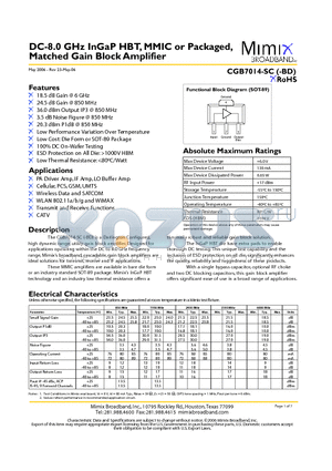 PB-CGB7014-SC-0000 datasheet - DC-8.0 GHz InGaP HBT, MMIC or Packaged, Matched Gain Block Amplifier