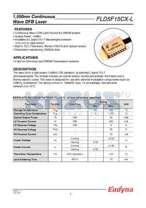 FLD5F15CX-L8760 datasheet - 1,550nm Continuous Wave DFB Laser
