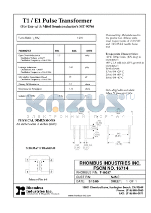 T-10257 datasheet - T1 / E1 Pulse Transformer
