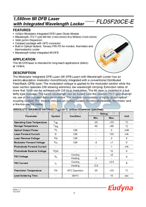 FLD5F20CE-E9455 datasheet - 1,550nm MI DFB Laser with Integrated Wavelength Locker