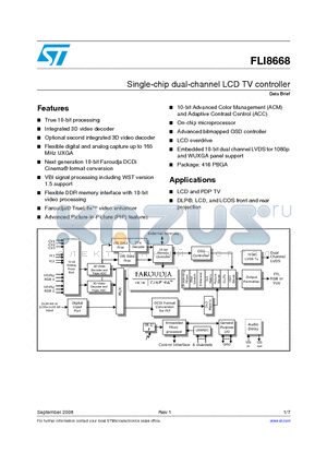 FLI8668 datasheet - Single-chip dual-channel LCD TV controller