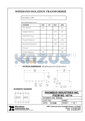 T-1113 datasheet - WIDEBAND ISOLATION TRANSFORMER