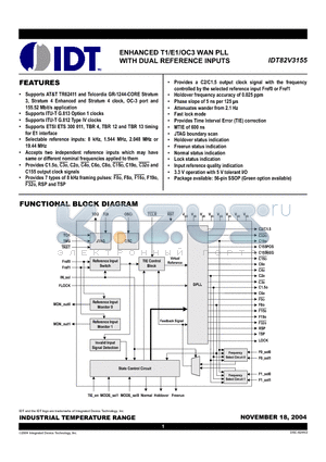 IDT82V3155PVG datasheet - ENHANCED T1/E1/OC3 WAN PLL  WITH DUAL REFERENCE INPUTS