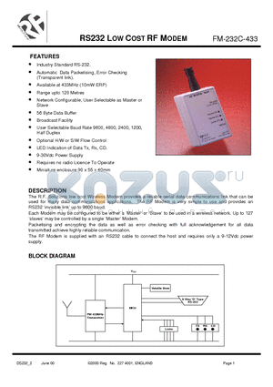 FM-232C-433 datasheet - RS232 LOW COST RF MODEM