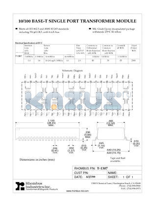 T-1307 datasheet - 10/100 BASE-T SINGLE PORT TRANSFORMER MODULE