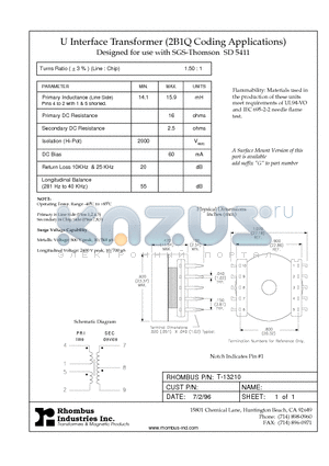 T-13210 datasheet - U Interface Transformer (2B1Q Coding Applications)