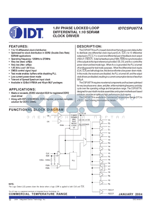 IDTCSPU877ABV datasheet - 1.8V PHASE LOCKED LOOP DIFFERENTIAL 1:10 SDRAM CLOCK DRIVER