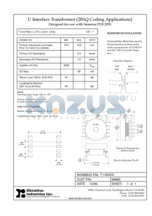 T-13222G datasheet - U Interface Transformer (2B1Q Coding Applications)