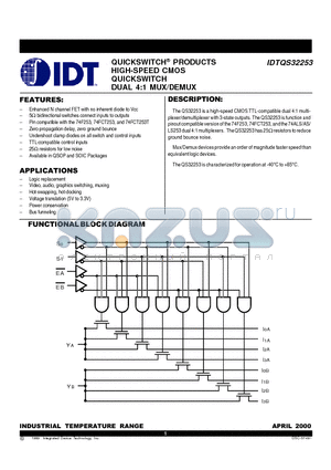 IDTQS32253SO datasheet - QUICKSWITCH PRODUCTS HIGH-SPEED CMOS QUICKSWITCH DUAL 4:1 MUX/DEMUX