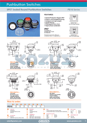 PB16 datasheet - SPST Sealed Round Pushbutton Switches