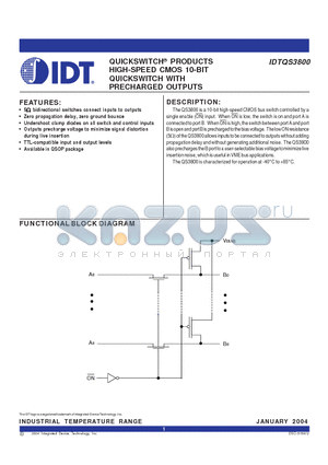IDTQS3800 datasheet - QUICKSWITCH PRODUCTS HIGH-SPEED CMOS 10-BIT QUICKSWITCH WITH PRECHARGED OUTPUTS