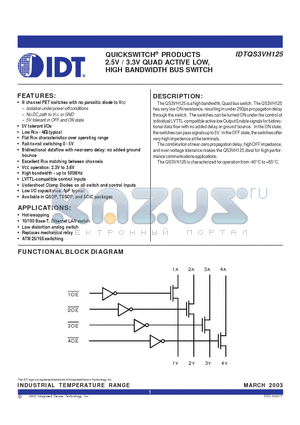 IDTQS3VH125PA datasheet - QUICKSWITCH PRODUCTS 2.5V / 3.3V QUAD ACTIVE LOW, HIGH BANDWIDTH BUS SWITCH