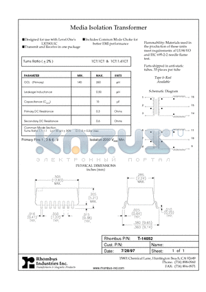 T-14052 datasheet - Media Isolation Transformer