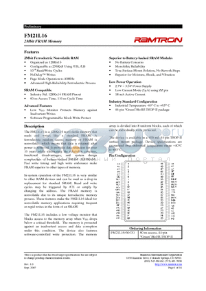 FM21L16-60-TG datasheet - 2Mbit FRAM Memory