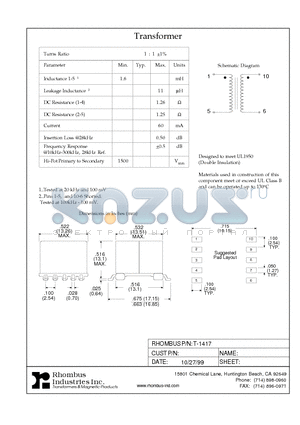 T-1417 datasheet - Transformer