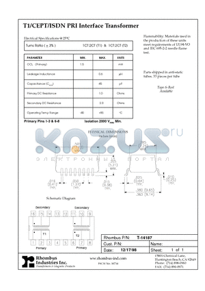 T-14187 datasheet - T1/CEPT/ISDN PRI Interface Transformer