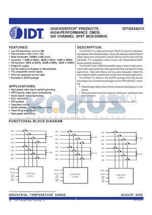 IDTQS4A215 datasheet - QUICKSWITCH PRODUCTS HIGH-PERFORMANCE CMOS SIX CHANNEL SP4T MUX/DEMUX