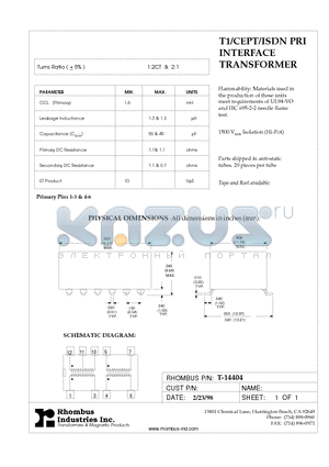 T-14404 datasheet - T1/CEPT/ISDN PRI INTERFACE TRANSFORMER