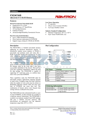 FM24C04B-GTR datasheet - 4Kb Serial 5V F-RAM Memory