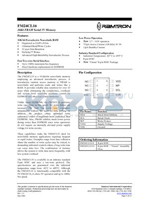 FM24CL16 datasheet - 16Kb FRAM Serial 3V Memory