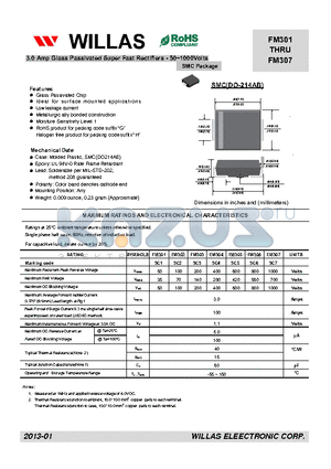 FM301 datasheet - 3.0 Amp Glass Passivated Super Fast Rectifiers - 50~1000Volts