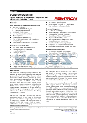 FM31T378 datasheet - System Supervisor & Temperature Compensated RTC(TCXO) with Embedded Crystal