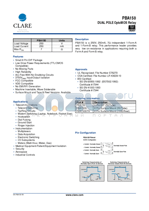 PBA150STR datasheet - DUAL POLE OptoMOS Relay