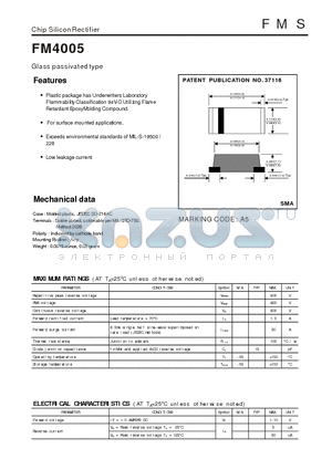 FM4005 datasheet - Chip Silicon Rectifier - Glass passivated type