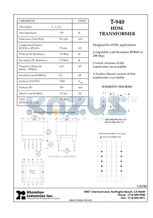 T-940 datasheet - HDSL TRANSFORMER