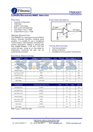 FMA3007 datasheet - 2-20GHZ BROADBAND MMIC AMPLIFIER