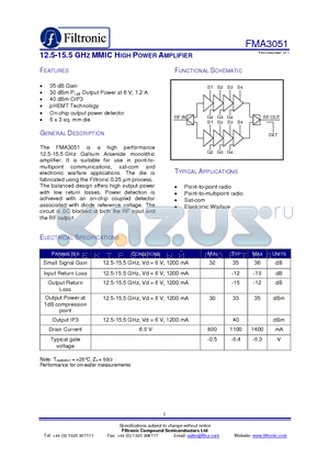 FMA3051 datasheet - 12.5-15.5 GHZ MMIC HIGH POWER AMPLIFIER