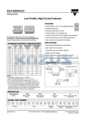 IHLP-2525AH-01 datasheet - Low Profile, High Current Inductor