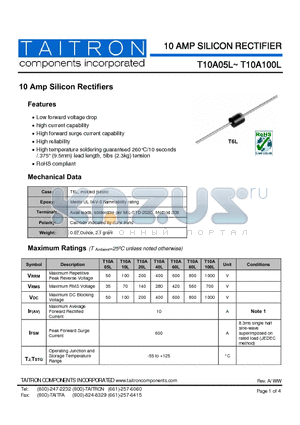 T10A100L datasheet - 10 Amp Silicon Rectifiers
