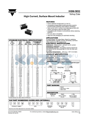 IHSM5832 datasheet - High Current, Surface Mount Inductor