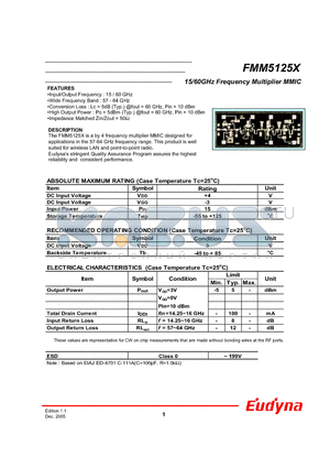 FMM5125X datasheet - 15/60GHz Frequency Multiplier MMIC