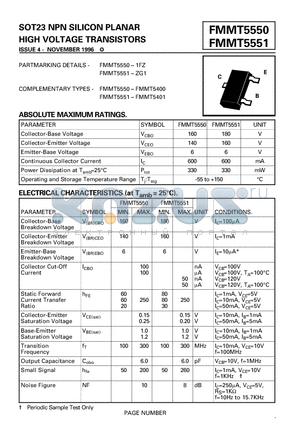 FMMT5551 datasheet - SOT23 NPN SILICON PLANAR HIGH VOLTAGE TRANSISTORS