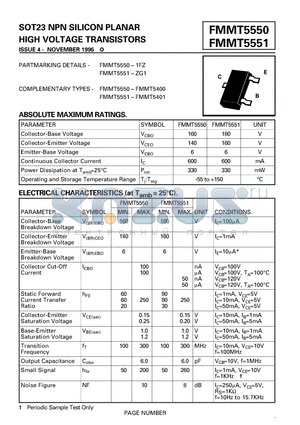 FMMT5551-ZG1 datasheet - SOT23 NPN SILICON PLANAR HIGH VOLTAGE TRANSISTORS