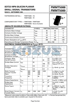 FMMT5089 datasheet - SOT23 NPN SILICON PLANAR SMALL SIGNAL TRANSISTORS