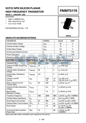 FMMT5179 datasheet - NPN SILICON PLANAR HIGH FREQUENCY TRANSISTOR