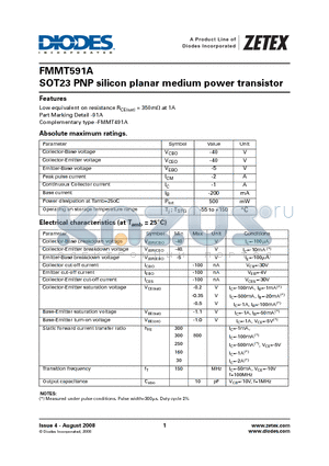 FMMT591A datasheet - SOT23 PNP silicon planar medium power transistor