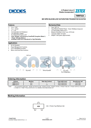 FMMT620 datasheet - 80V NPN SILICON LOW SATURATION TRANSISTOR IN SOT23