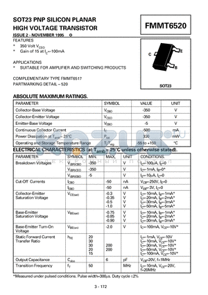 FMMT6520 datasheet - PNP SILICON PLANAR HIGH VOLTAGE TRANSISTOR