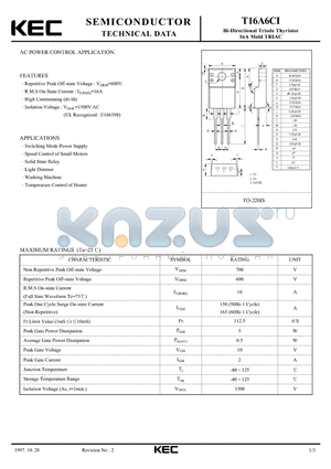 T16A6CI datasheet - BI-DIRECTIONAL TRIODE THYRISTOR 16A MOLD TRIAC (AC POWER CONTROL)