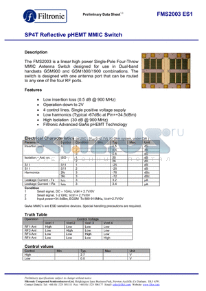 FMS2003ES1 datasheet - SP4T Reflective pHEMT MMIC Switch